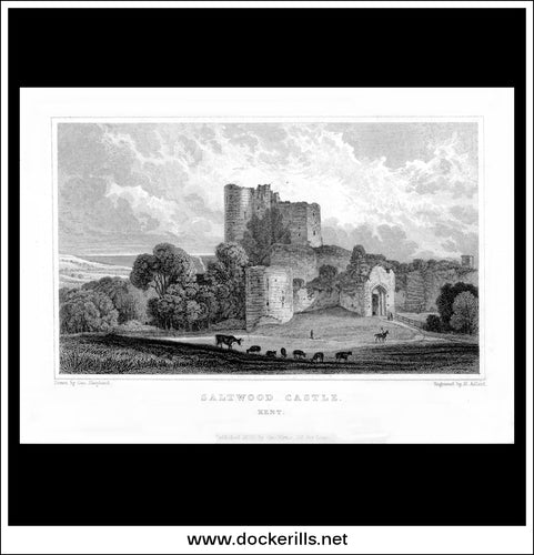 Saltwood Castle, Kent, England. Antique Print, Steel Engraving 1829.