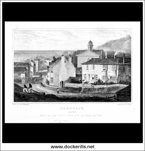 Sandgate, Kent, England. Antique Print, Steel Engraving 1829.