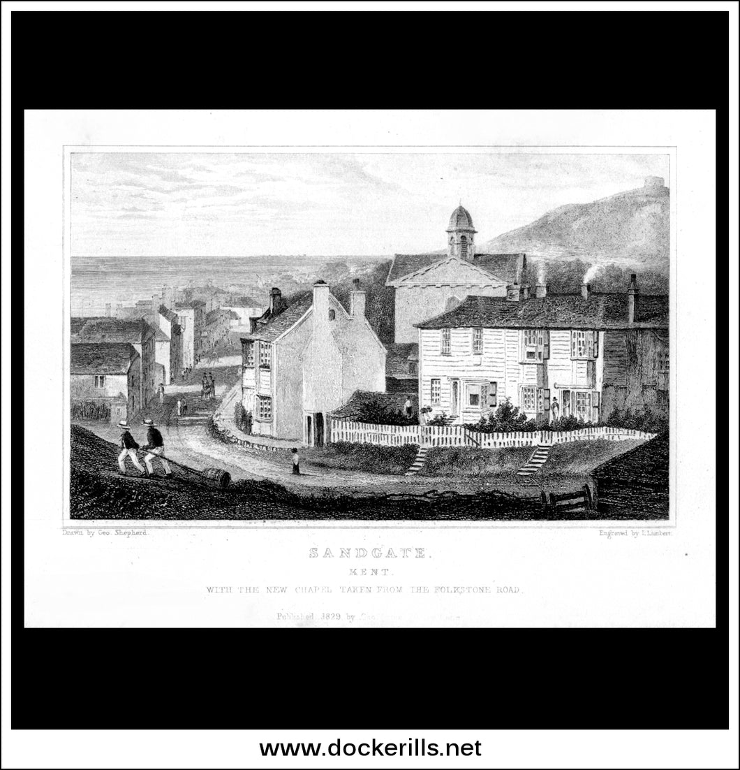 Sandgate, Kent, England. Antique Print, Steel Engraving 1829.