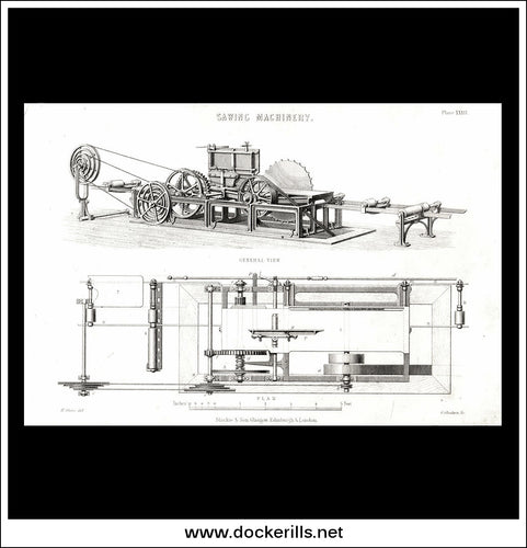 Sawing Machinery. Antique Print, Lithograph c. 1880 1.