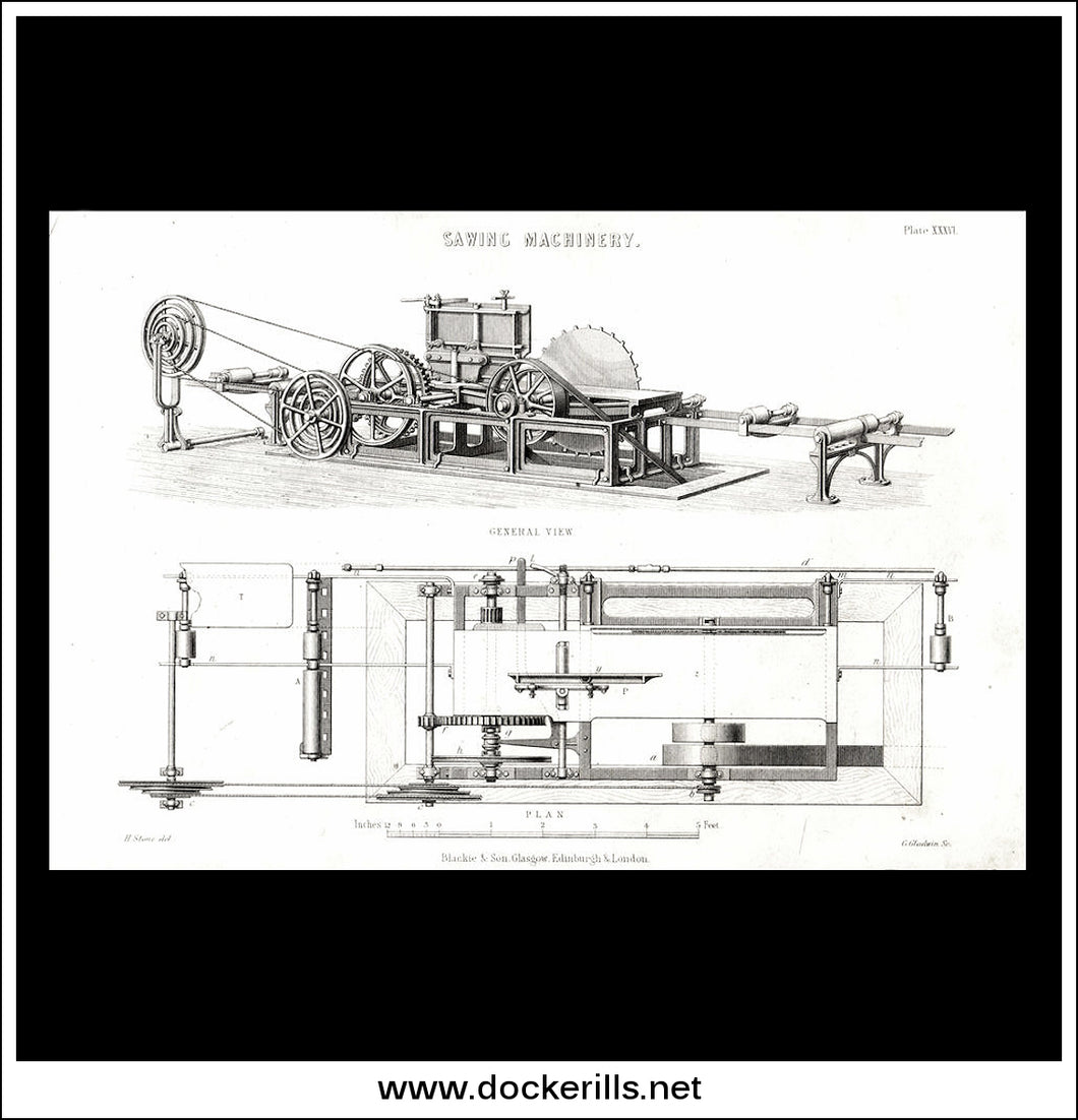 Sawing Machinery. Antique Print, Lithograph c. 1880 1.