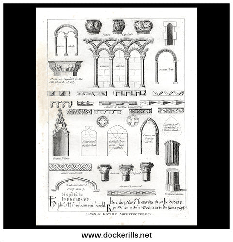Saxon & Gothic Architecture. Antique Print, Copper Plate Engraving c. 1775.