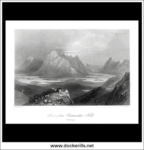 Scene From Cloonacartin Hill (Connemara), Co. Galway, Ireland. Antique Print, Steel Engraving c. 1840.