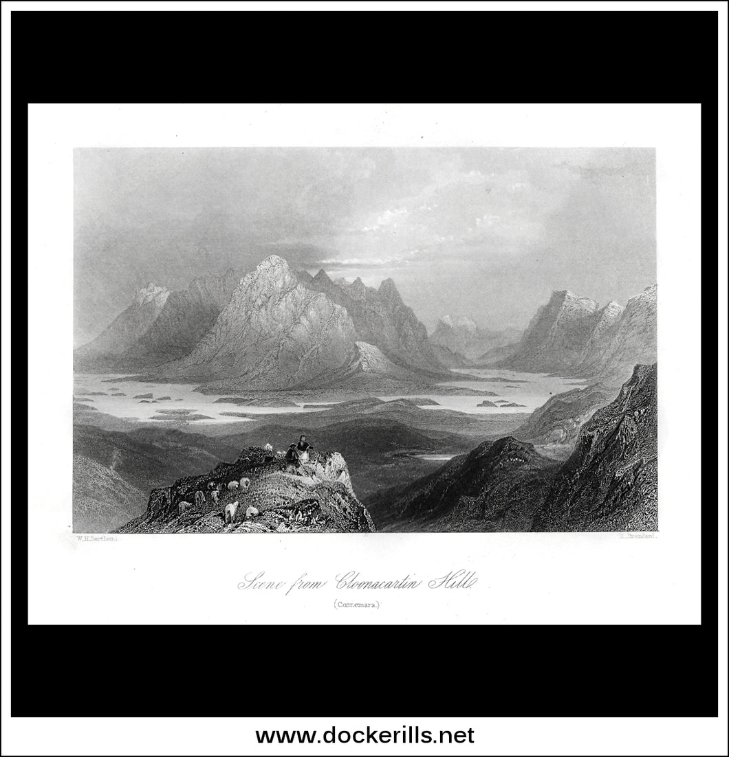 Scene From Cloonacartin Hill (Connemara), Co. Galway, Ireland. Antique Print, Steel Engraving c. 1840.