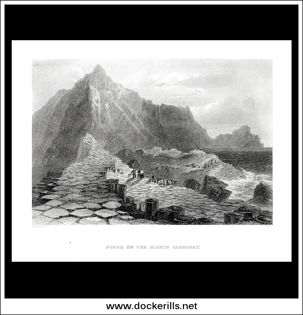 Scene On The Giants Causeway, Co. Antrim, Ireland. Antique Print, Steel Engraving c. 1840.