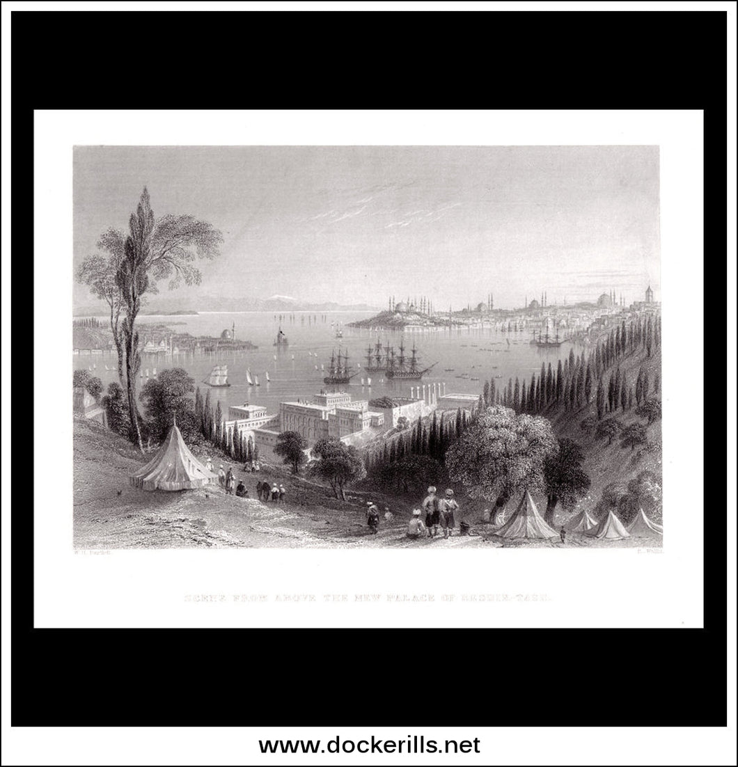 Scene From Above The New Palace Of Beshik-Tash, Istanbul, Turkey. Antique Print, Steel Engraving 1838.