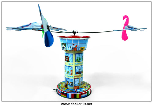Airport Control Tower Nr. 5100. Vintage Tin Plate Novelty Carousel Toy, Schopper, West Germany 1.