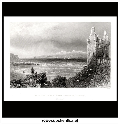 Isle Of Arran From Greenan Castle, Ayrshire, Scotland. Antique Print, Steel Engraving 1840.