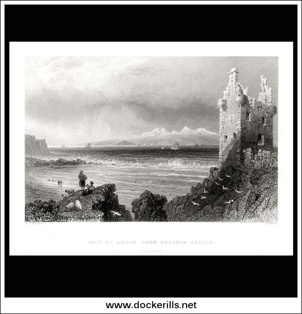 Isle Of Arran From Greenan Castle, Ayrshire, Scotland. Antique Print, Steel Engraving 1840.