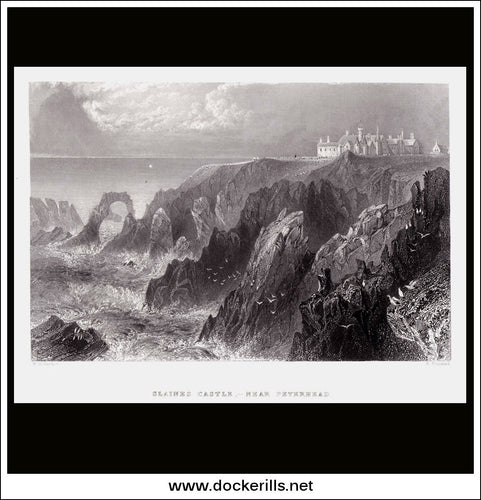 Slaines Castle (Near Peterhead), Scotland. Antique Print, Steel Engraving 1840.