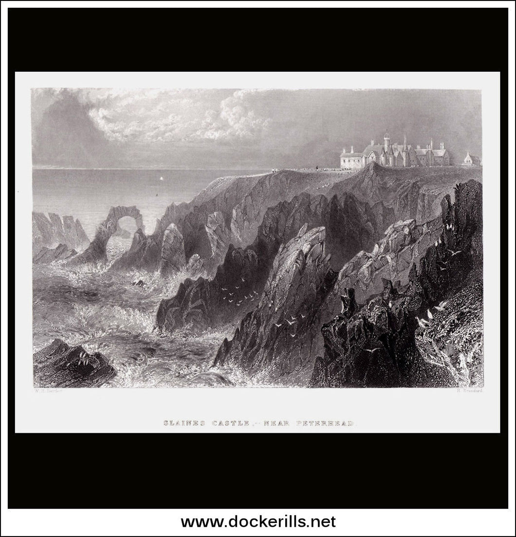 Slaines Castle (Near Peterhead), Scotland. Antique Print, Steel Engraving 1840.