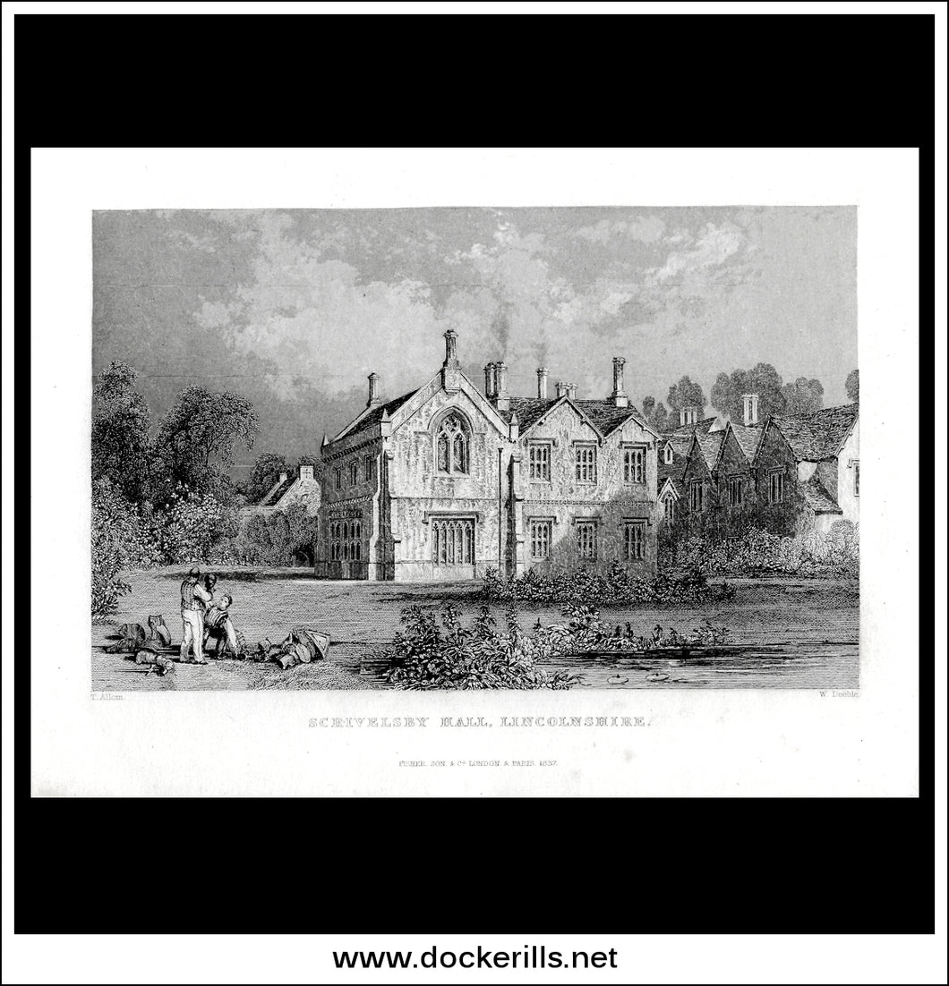 Scrivelsby Hall, Lincolnshire, England. Antique Print, Steel Engraving 1837.