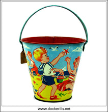 Vintage Tin Plate Seaside Sand Bucket / Sand Pail, Chad Valley, Great Britain. Children At The Beach Design 1.