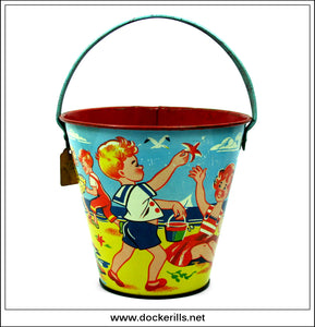 Vintage Tin Plate Seaside Sand Bucket / Sand Pail, Chad Valley, Great Britain. Children At The Beach Design 1.