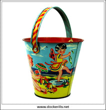 Vintage Tin Plate Seaside Sand Bucket / Sand Pail, Chad Valley, Great Britain. Children At The Beach Design 2.