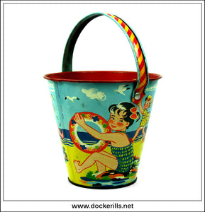 Vintage Tin Plate Seaside Sand Bucket / Sand Pail, Chad Valley, Great Britain. Children At The Beach Design 3.