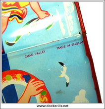 Vintage Tin Plate Seaside Sand Bucket / Sand Pail, Chad Valley, Great Britain. Children At The Beach Design 6.