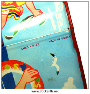Vintage Tin Plate Seaside Sand Bucket / Sand Pail, Chad Valley, Great Britain. Children At The Beach Design 6.