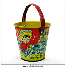 Vintage Tin Plate Seaside Sand Bucket / Sand Pail, Chad Valley, Great Britain. Children Leading Donkey Design 2.
