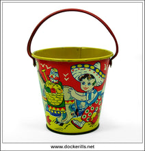 Vintage Tin Plate Seaside Sand Bucket / Sand Pail, Chad Valley, Great Britain. Children Leading Donkey Design 1.
