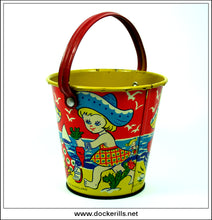 Vintage Tin Plate Seaside Sand Bucket / Sand Pail, Chad Valley, Great Britain. Children Leading Donkey Design 3.