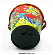 Vintage Tin Plate Seaside Sand Bucket / Sand Pail, Chad Valley, Great Britain. Children Leading Donkey Design 4.
