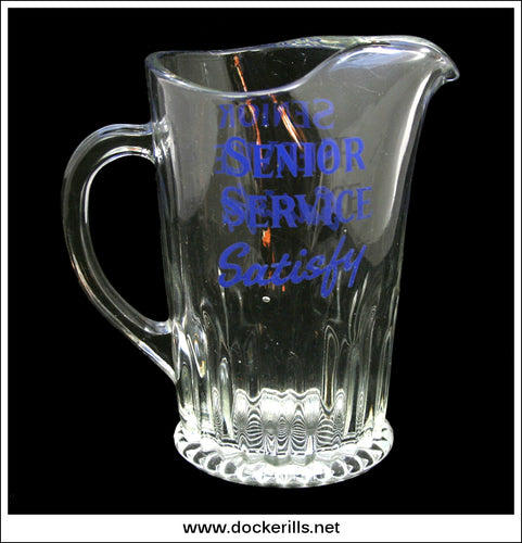 Vintage Senior Service Advertising Glass Jug. Senior Service Satisfy. Blue Writing.