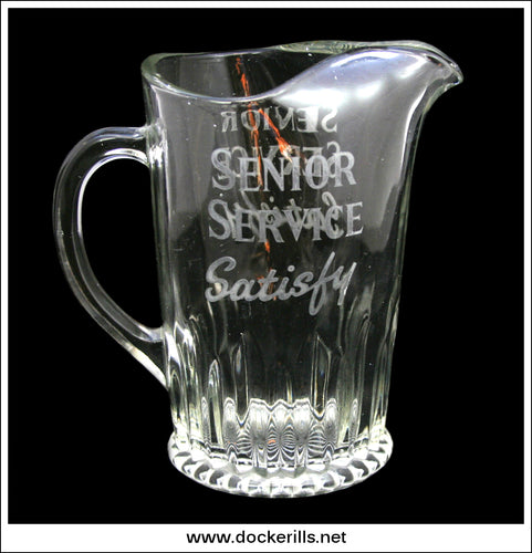 Vintage Senior Service Advertising Glass Jug. Senior Service Satisfy. White Writing.