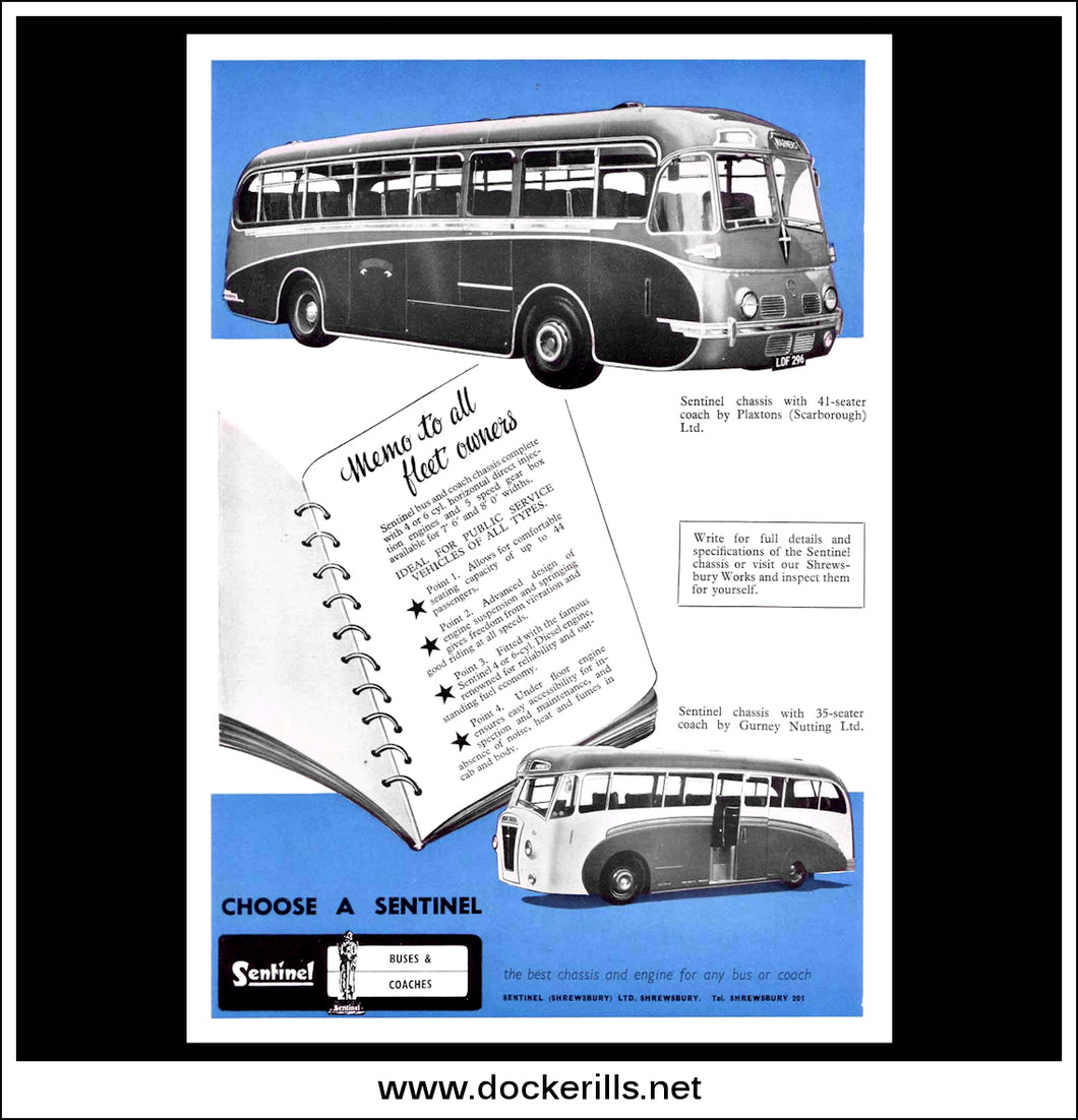 Sentinel Single Decker Bus. Original Vintage Advert From June, 1950. Plaxtons, Gurney Nutting