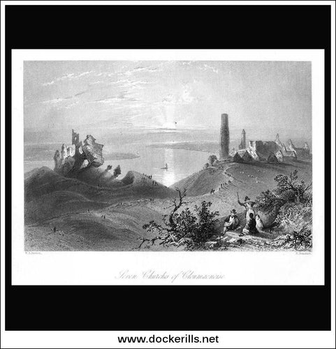Seven Churches Of Clonmacnoise, Co. Offaly, Ireland. Antique Print, Steel Engraving 1840.
