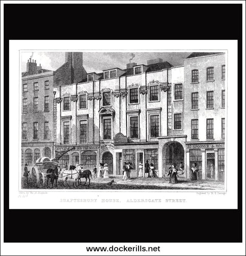 Shaftesbury House, Aldersgate Street, London, Middlesex. Antique Print, Steel Engraving 1830.