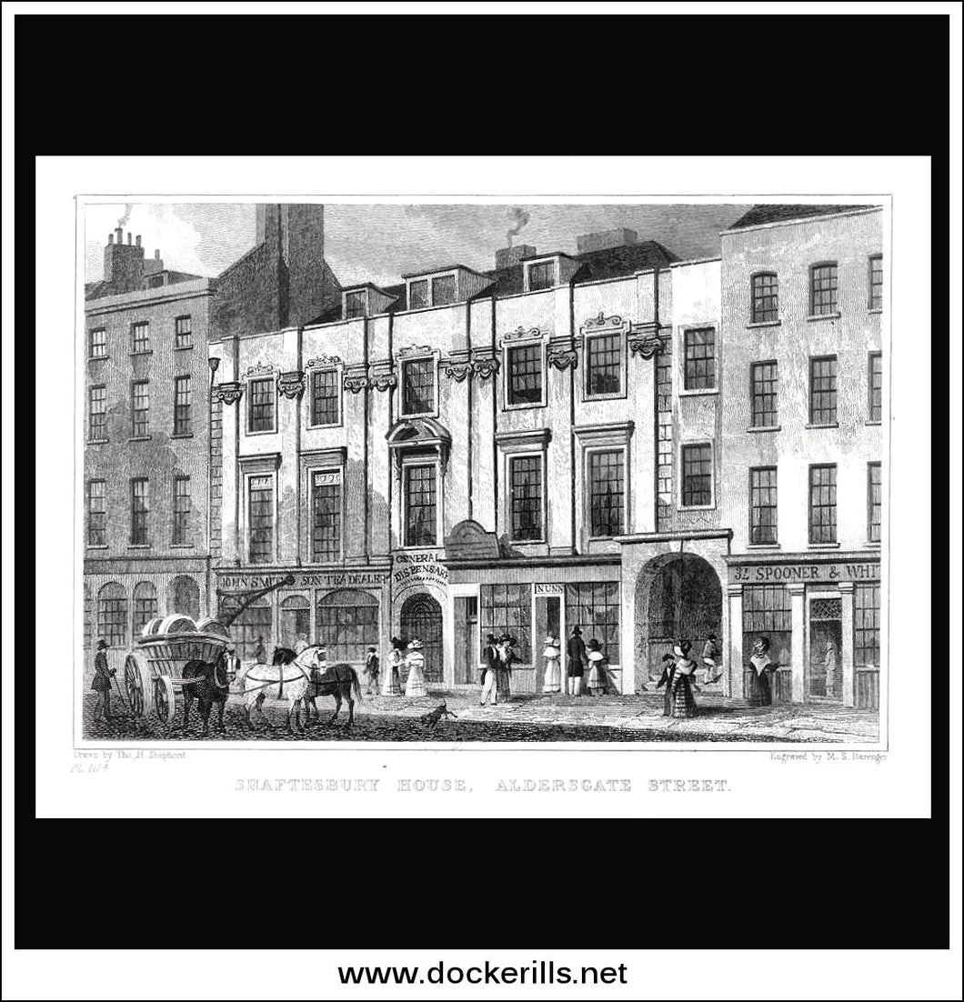 Shaftesbury House, Aldersgate Street, London, Middlesex. Antique Print, Steel Engraving 1830.