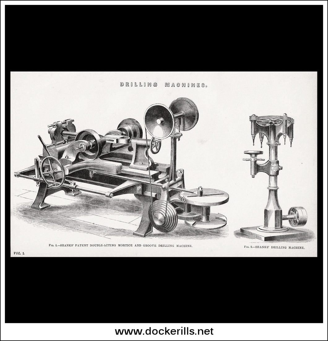 Shanks Patent Drilling Machines. Antique Print, Lithograph c. 1880.