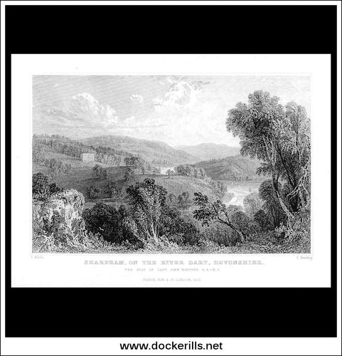 Sharpham, On The River Dart, Devonshire, England. Antique Print, Steel Engraving 1832.