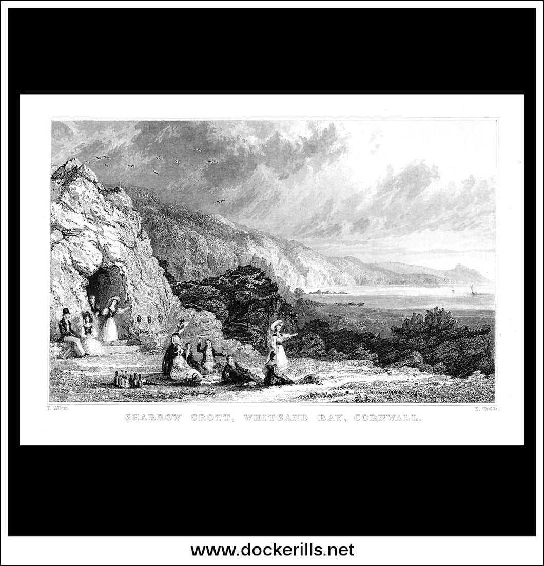 Antique Print Sharrow Grott, Whitsand Bay, Cornwall, England. Steel Engraving c. 1830.