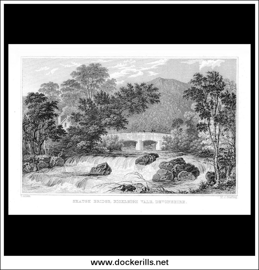 Shaugh Bridge, Bickleigh Vale, Devonshire, England. Antique Print, Steel Engraving c. 1830.