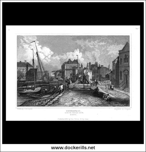 Sheerness. With The Fountain Inn etc., Kent, England. Antique Print, Steel Engraving 1830.