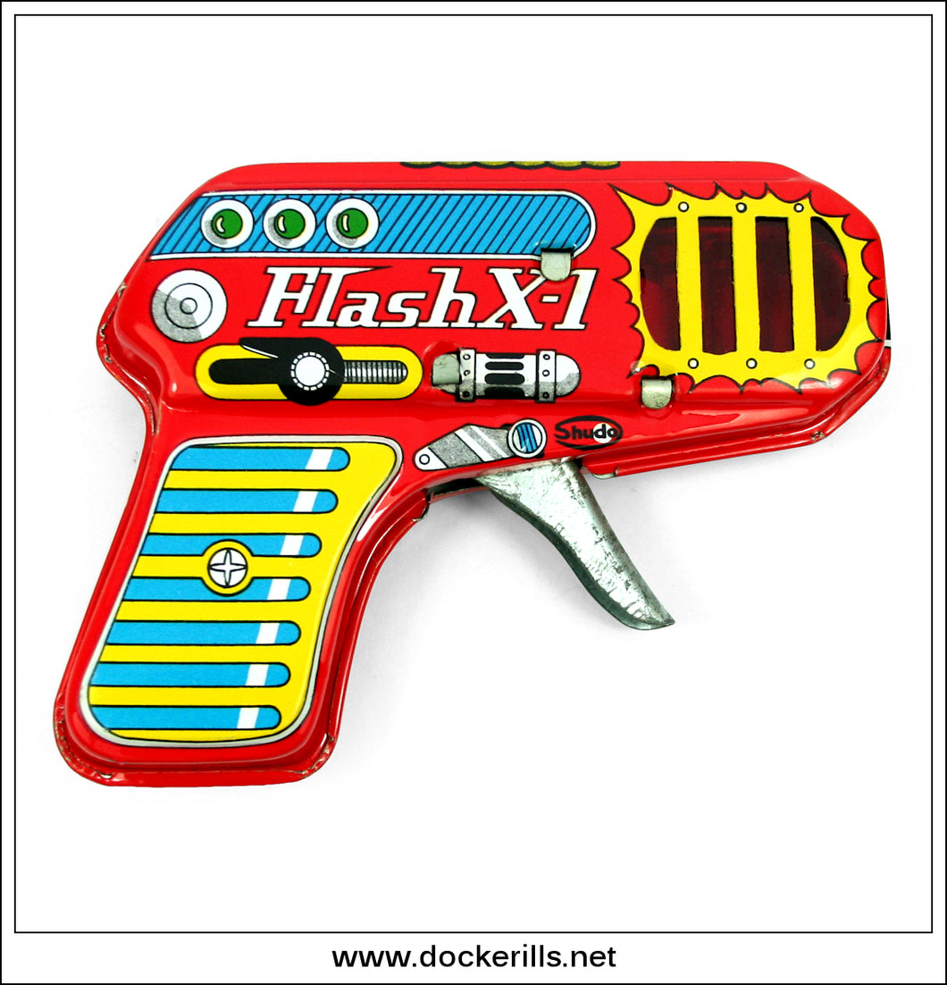 Flash X-1 Gun. Vintage Tin Plate Toy Space Ray Gun, Shudo, Japan.