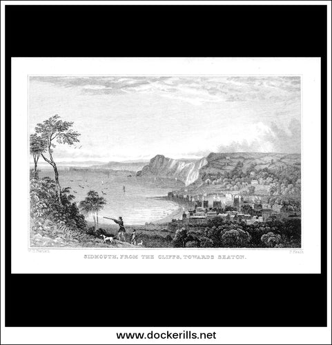 Sidmouth From The Cliffs Towards Seaton, Devonshire, England. Antique Print, Steel Engraving c. 1830.