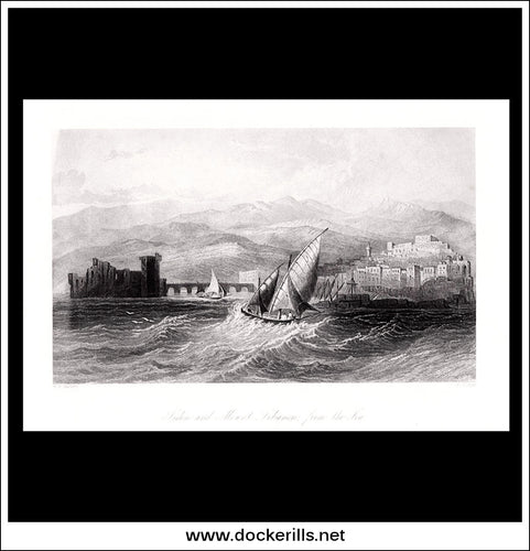 Sidon & Mount Lebanon From The Sea, Lebanon. Antique Print, Steel Engraving c. 1845.
