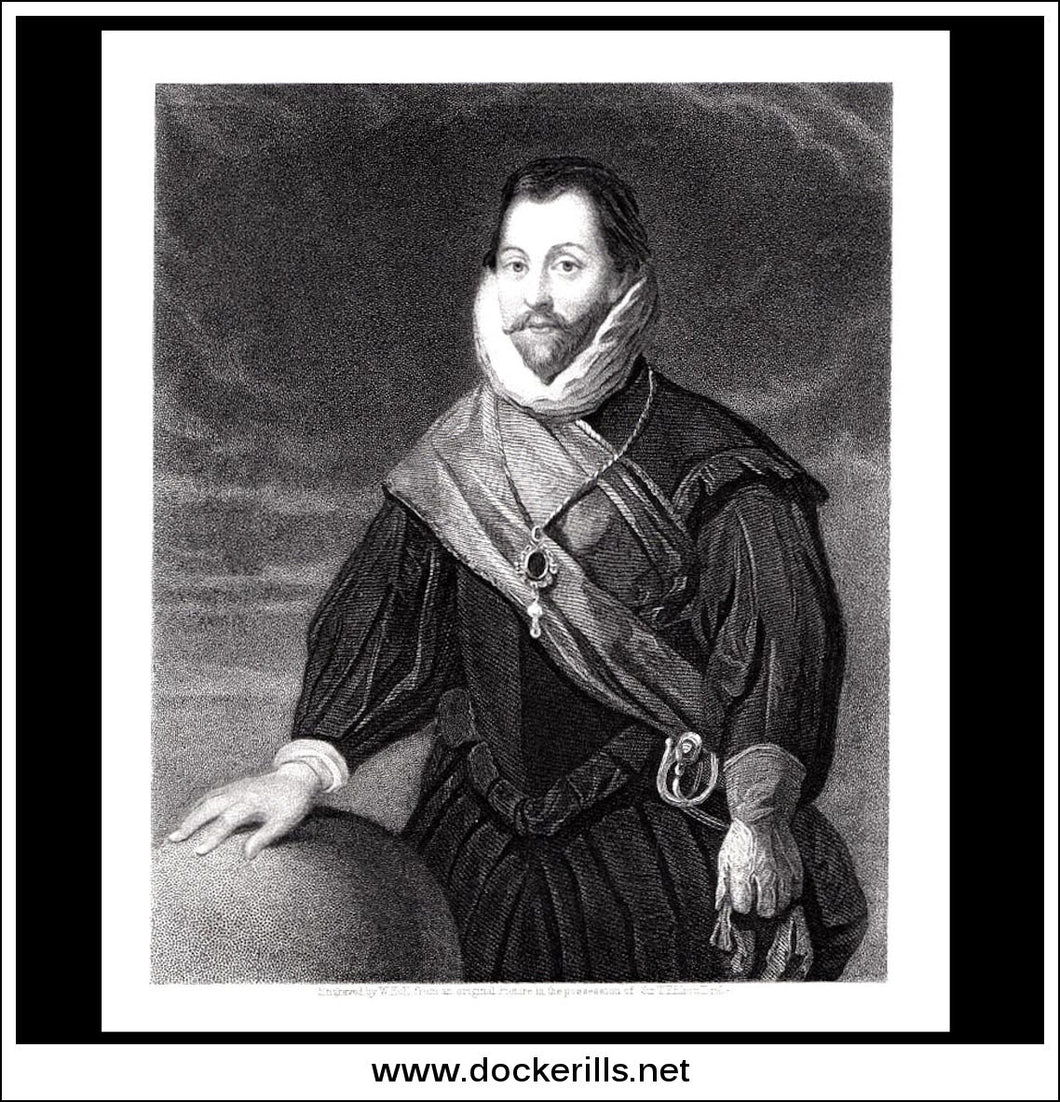 Sir Francis Drake. Antique Print, Steel Engraving c. 1850.