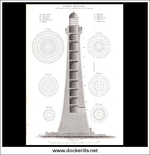 Light House - Sectional View Of Skerryvore Lighthouse. Antique Print, Lithograph c. 1880.