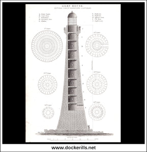 Light House - Sectional View Of Skerryvore Lighthouse. Antique Print, Lithograph c. 1880.