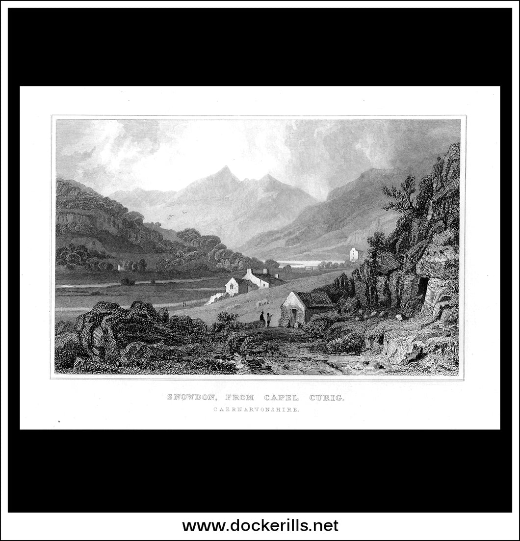 Snowden, From Capel Curig, Caernarvonshire, Wales. Antique Print, Steel Engraving c. 1830.