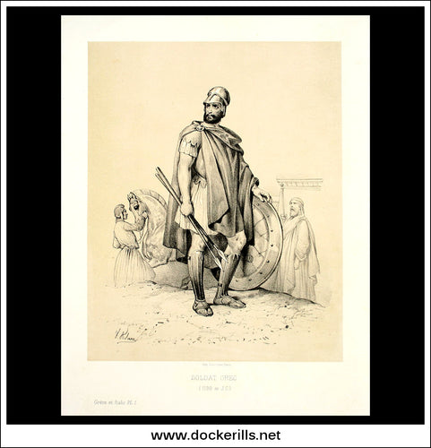 Soldat Grec (Greek Soldier) 1190 av J.C. Antique Print, Lithograph 1859. Victor Adam.
