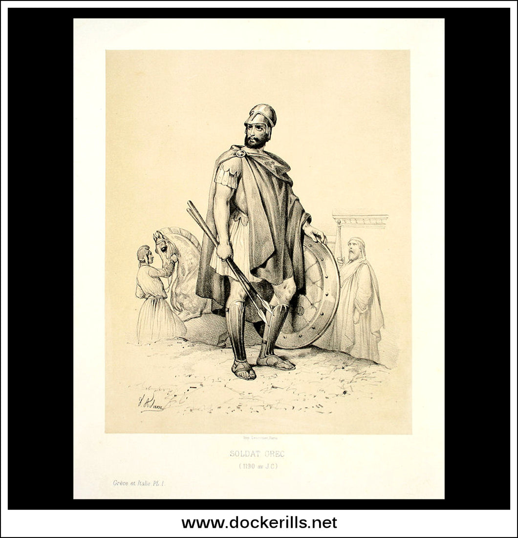 Soldat Grec (Greek Soldier) 1190 av J.C. Antique Print, Lithograph 1859. Victor Adam.