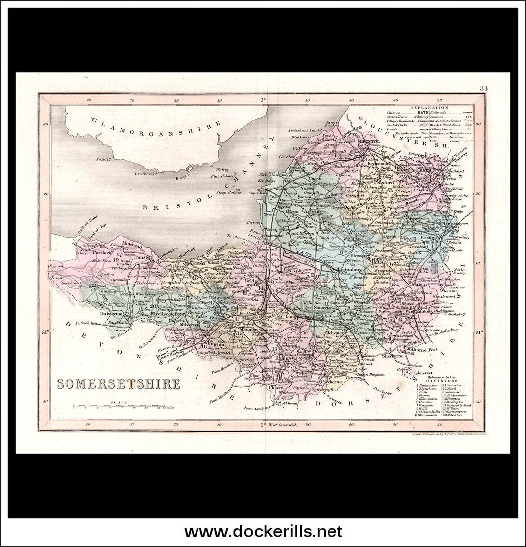 Somersetshire / Somerset, England. Antique Print, Steel Engraving c. 1846.