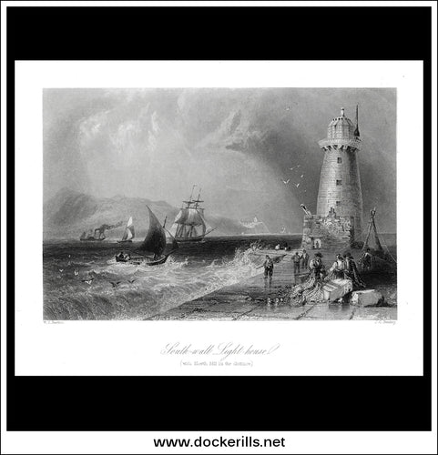 South-Wall Light House, Dublin, Co. Dublin, Ireland. Antique Print, Steel Engraving c. 1840.