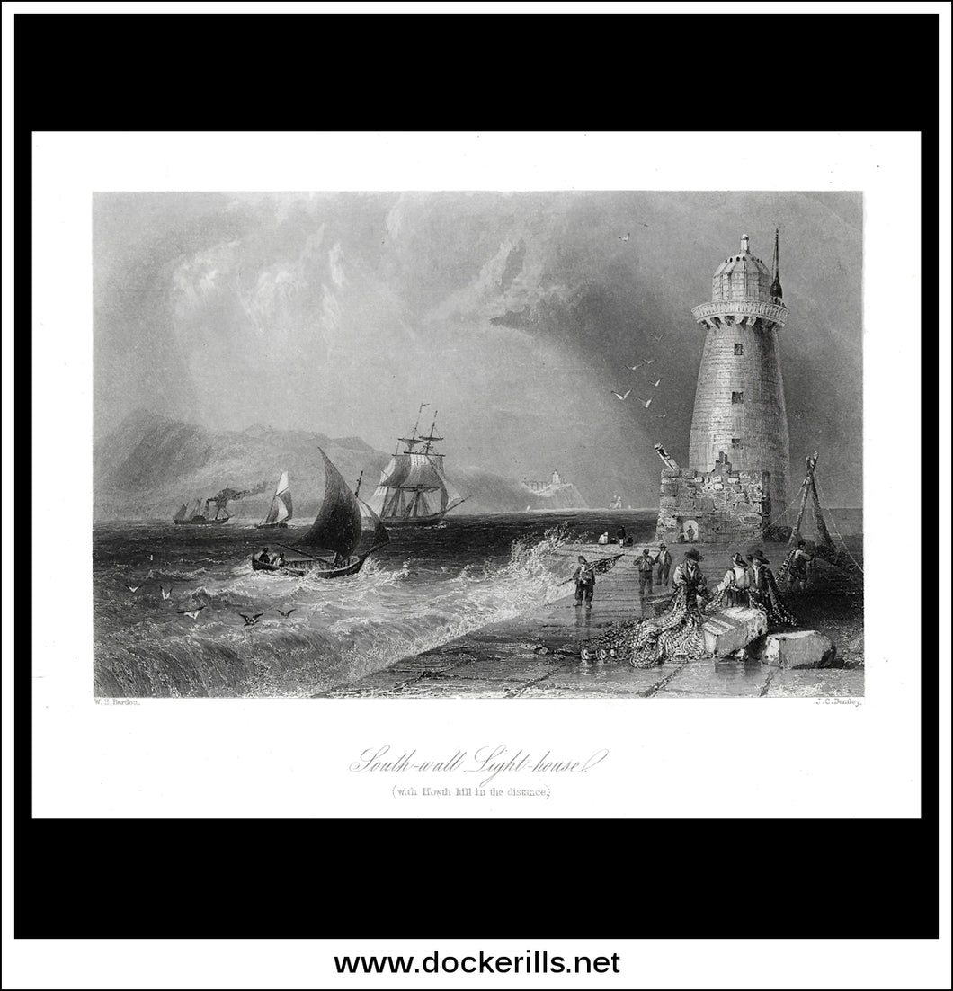 South-Wall Light House, Dublin, Co. Dublin, Ireland. Antique Print, Steel Engraving c. 1840.