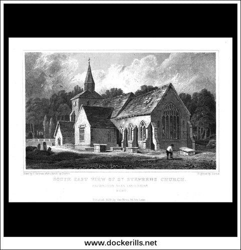 South East View Of St. Stephens Church, Hackington Near Canterbury, Kent, England. Antique Print, Steel Engraving 1829.